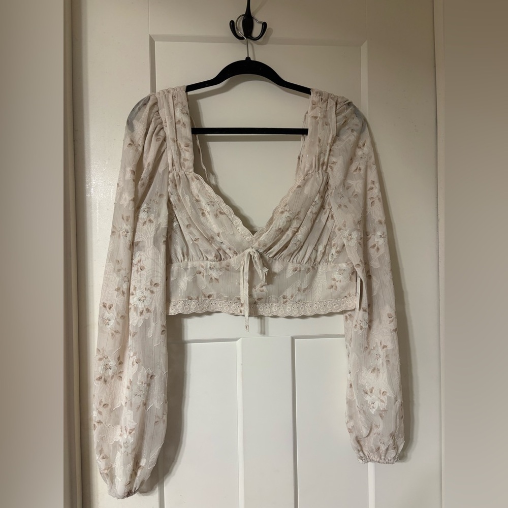 Altar’d State Women's Cream Floral Tie-Front Blouse